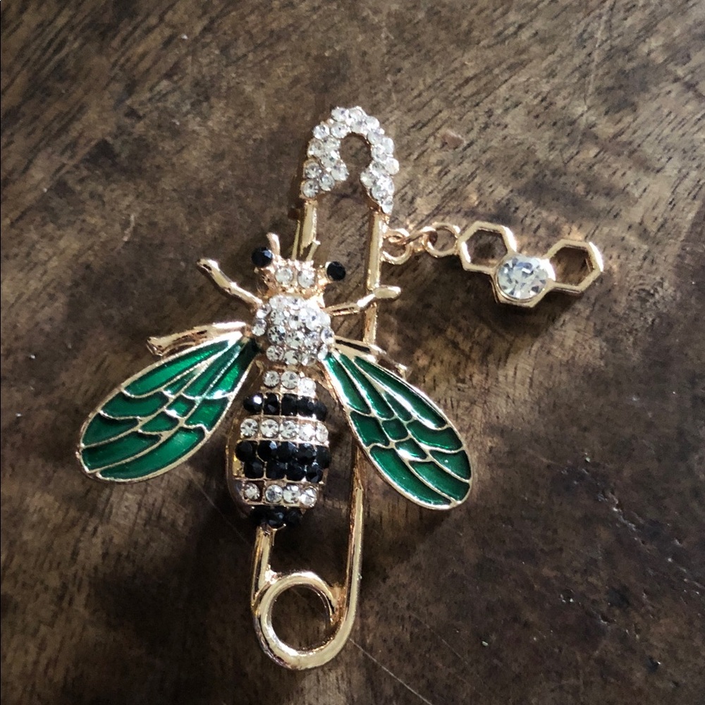 Gold-Tone Bee Brooch with Green Enamel Wings and Crystals